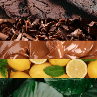 Collage of chocolate brownies, chocolate shavings, chocolate frosting, lemons, and green leaves.