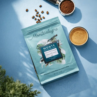 Montealegre coffee package with coffee beans and grounds on a blue background