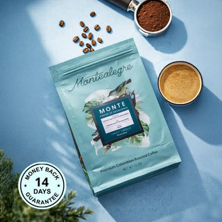 Montealegre coffee package with coffee beans, ground coffee, and a money-back guarantee badge on a blue background