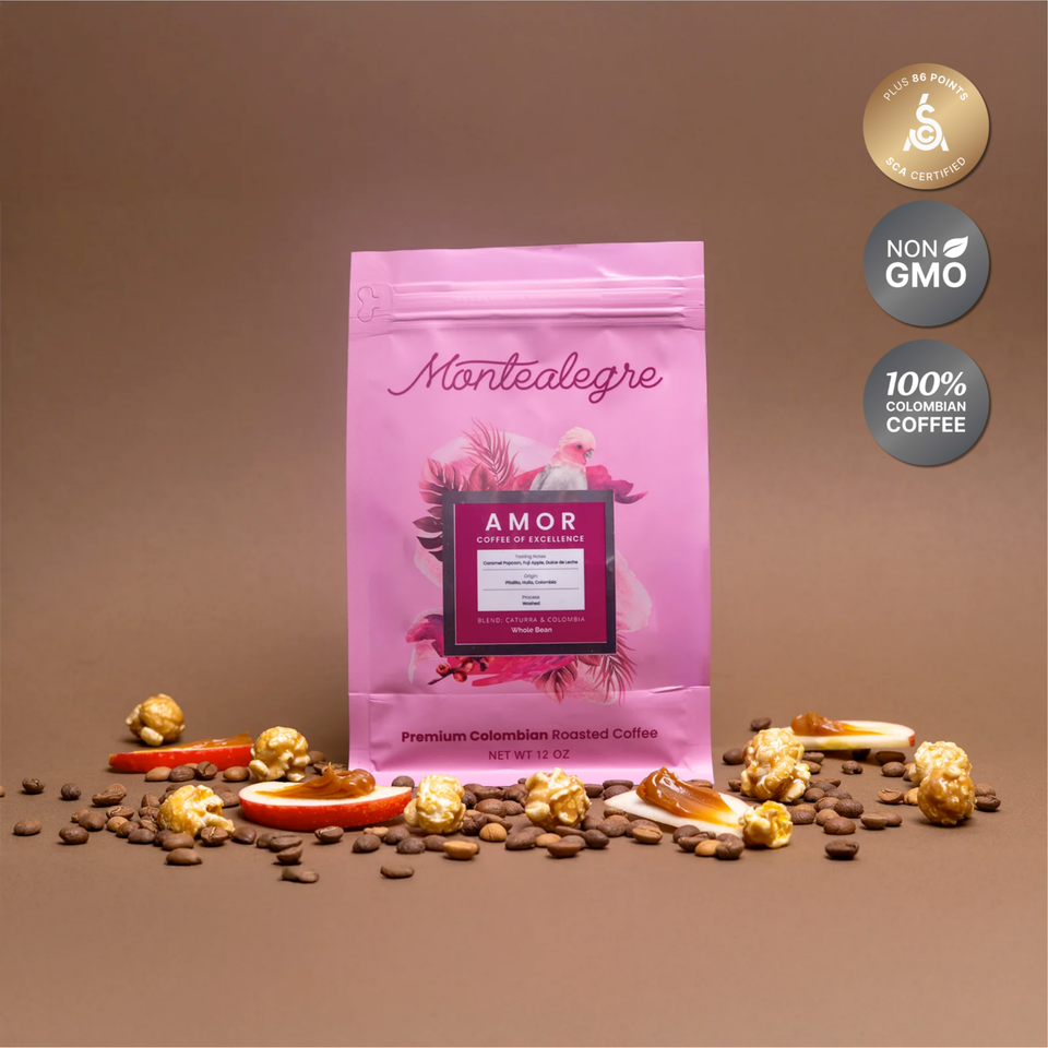 Amor 12 oz whole bean coffee bag with coffee beans