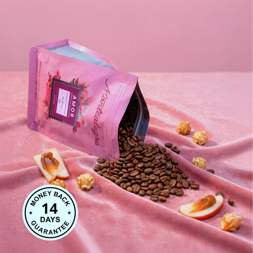 Amor coffee bag with beans and the 14-day money-back guarantee seal