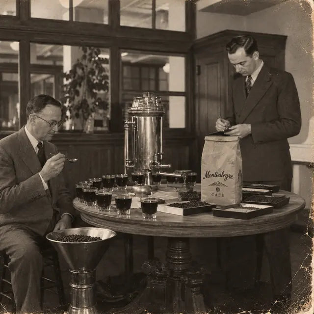 Archival sepia photo: two men cupping coffee at a round table with rows of cups and a Montealegre Café bag