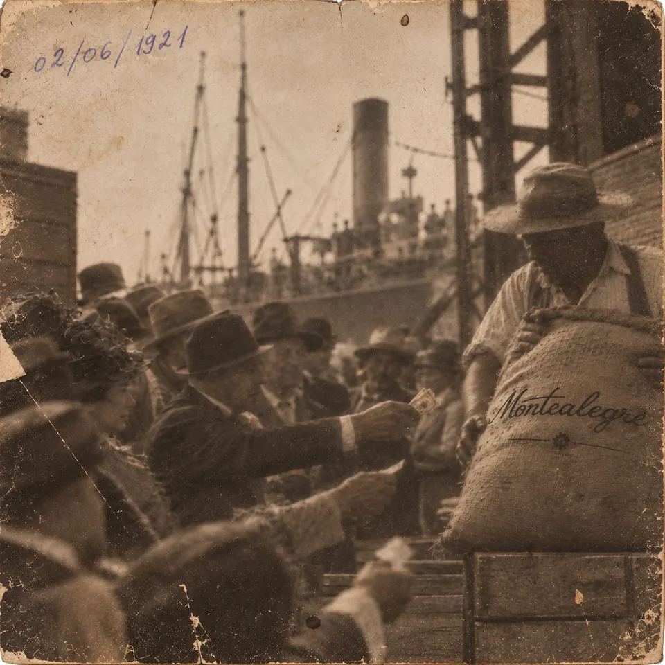 Archival sepia photo dated 02/06/1921: men trading at a port beside a steamship, with a burlap sack printed Montealegre